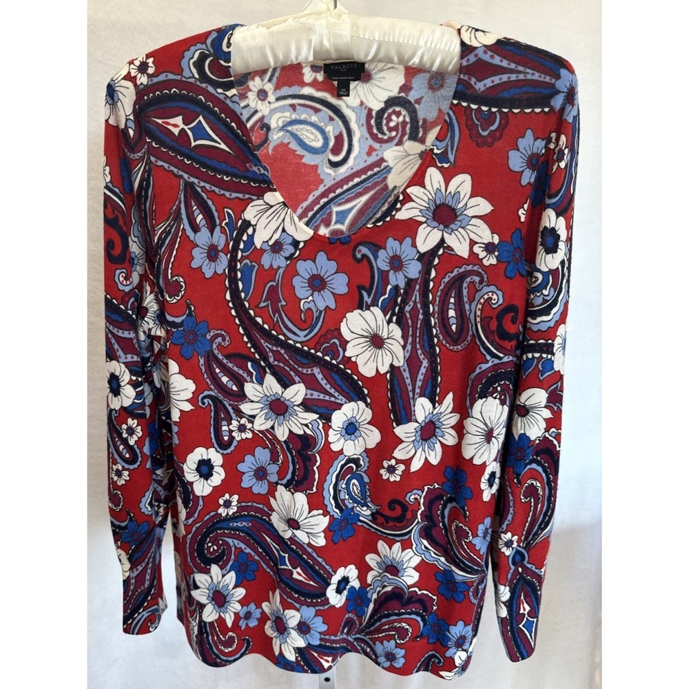 Talbots Plus Pure Merino Wool Floral & Paisley Red White Blue‎ Sweater Sz 1X